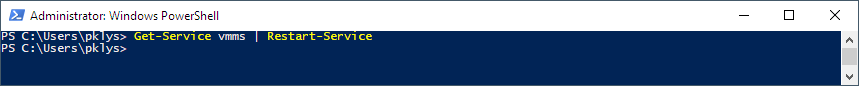 PowerShell output after restarting the Hyper-V Virtual Machine Management service