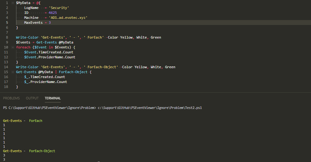 PowerShell output showing Get-Events returns inconsistent counts when piped to ForEach-Object