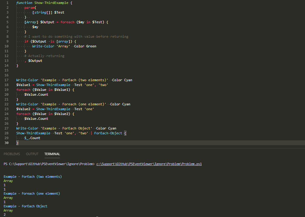 Console output comparing ForEach and ForEach-Object results when a comma is used to return an array