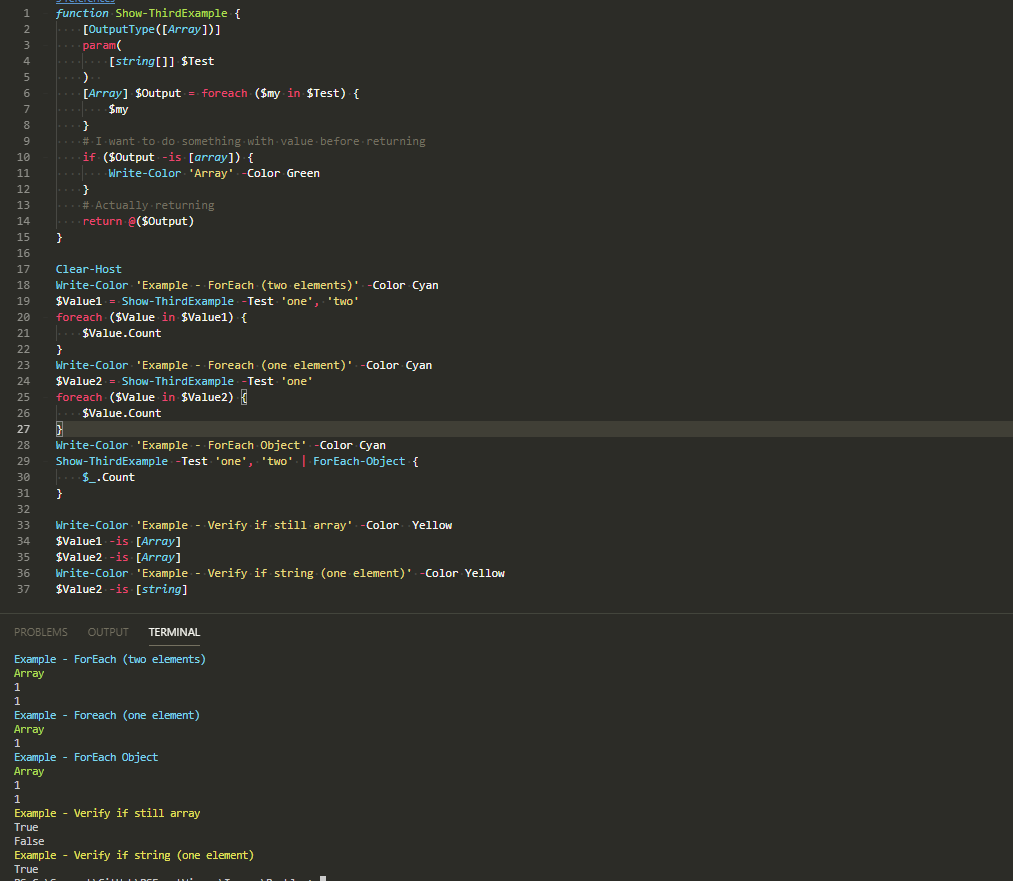 PowerShell output after switching to at-parentheses array wrapping, restoring loop behavior but not single-item array typing
