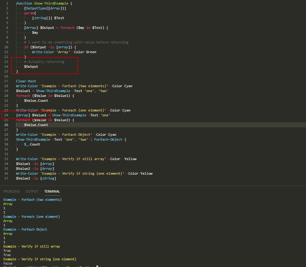 PowerShell output after adding OutputType Array, preserving array typing and consistent loop behavior