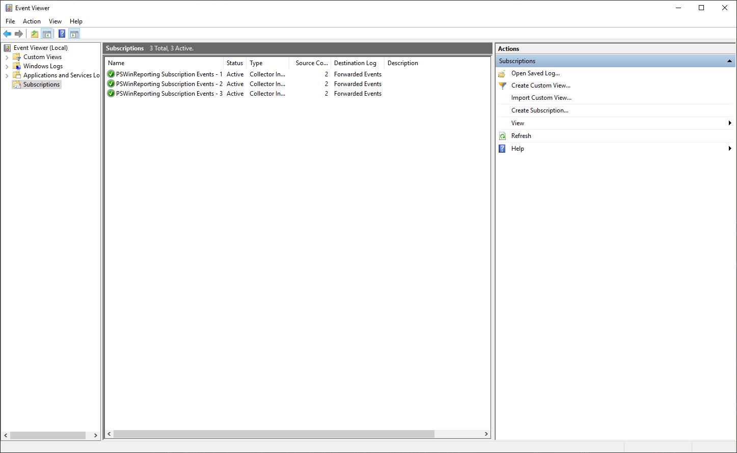 Podglad zdarzen Windows pokazujacy trzy aktywne subskrypcje PSWinReporting kierujace zdarzenia do dziennika Forwarded Events