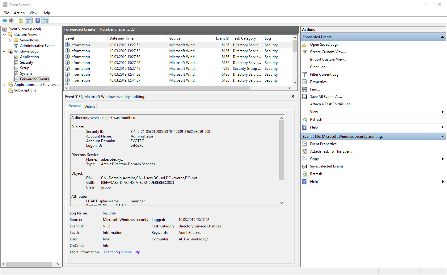 Podglad zdarzen Windows pokazujacy przekazane zdarzenie Security 5136 dotyczace zmodyfikowanego obiektu Active Directory