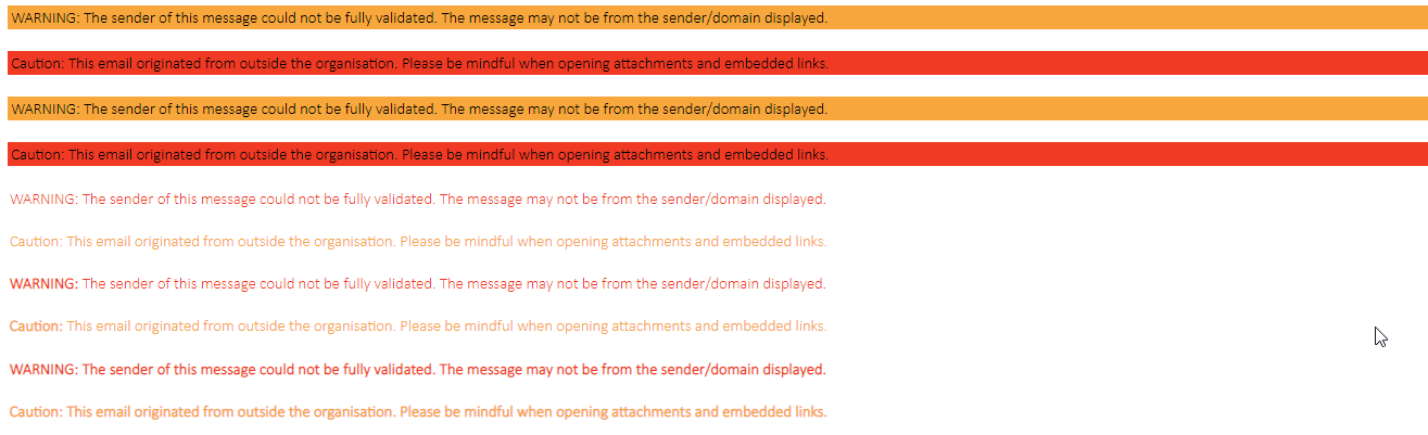 HTML page comparing preset color combinations for external email warning banners
