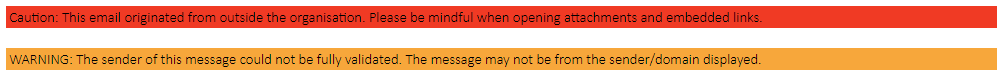 Email with an external sender warning banner added at the top of the message
