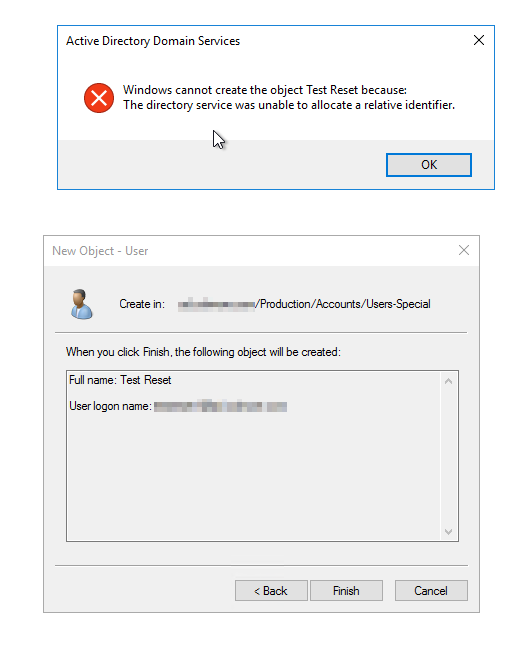 Komunikat Active Directory o braku możliwości przydzielenia identyfikatora względnego