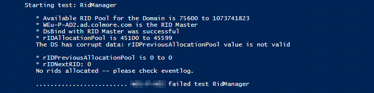 Wynik dcdiag /test:ridmanager wskazujący uszkodzone dane RID