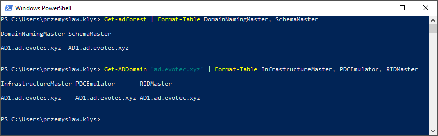 Wynik PowerShell z właścicielami ról FSMO, w tym RID Master