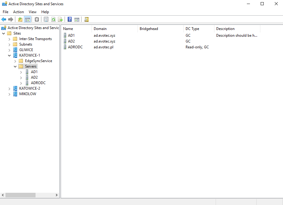 Active Directory Sites and Services z pozostałościami metadanych starego kontrolera domeny