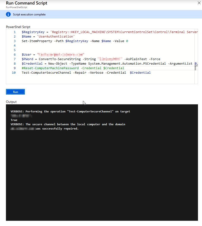 Panel RunPowerShellScript w portalu Azure z przygotowanym skryptem PowerShell