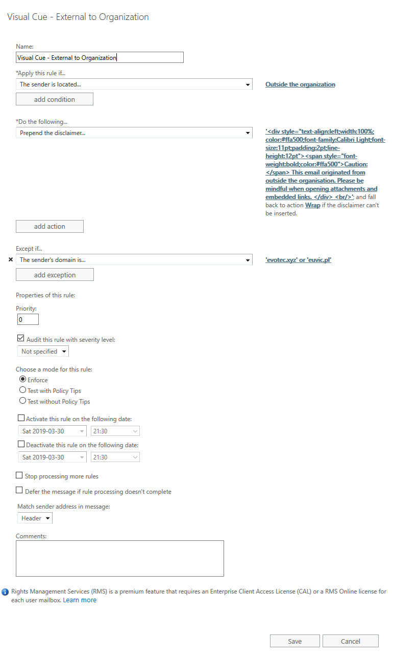 Exchange transport rule details for the external sender visual cue with trusted domain exceptions