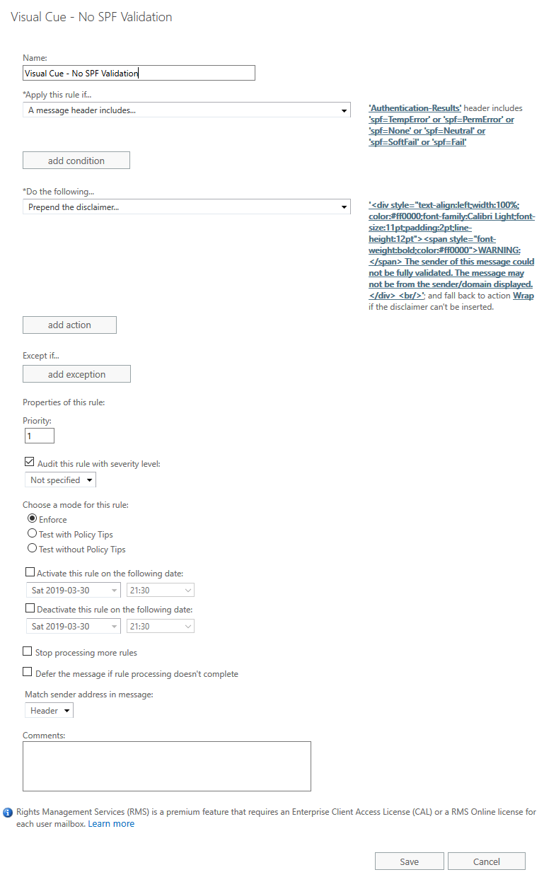 Exchange transport rule details for the no SPF validation warning banner