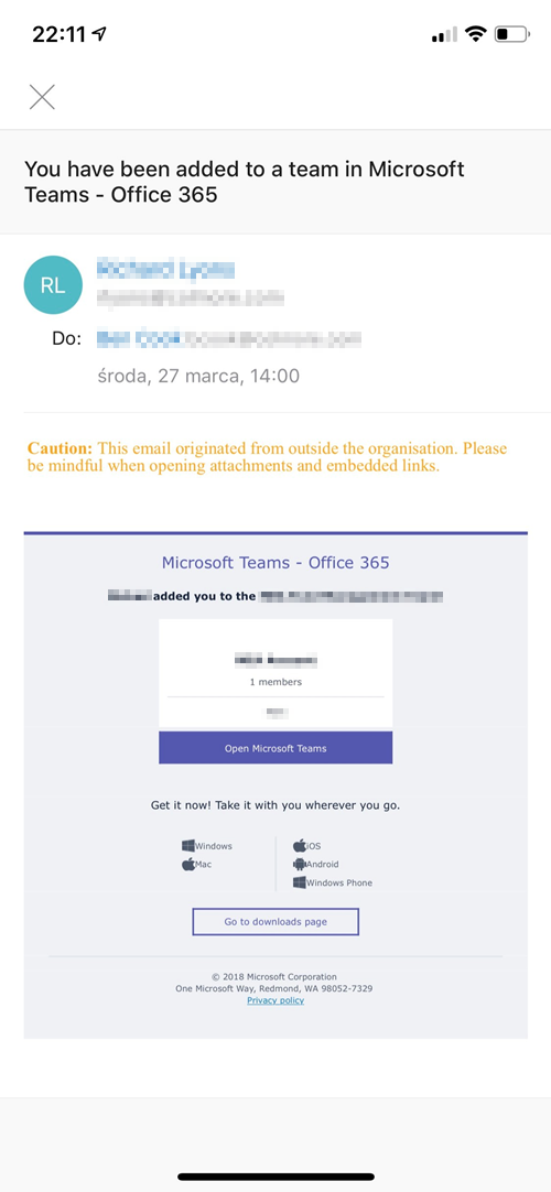 Email showing a spoofing warning where the sender looks internal but triggers the visual indicator