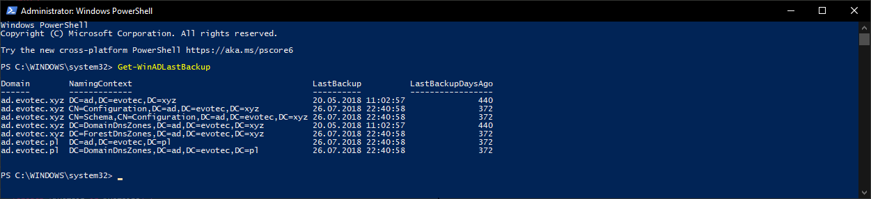 Wynik funkcji Get-WinADLastBackup w PowerShell pokazujący domeny NamingContext, czas ostatniej kopii i liczbę dni od backupu.