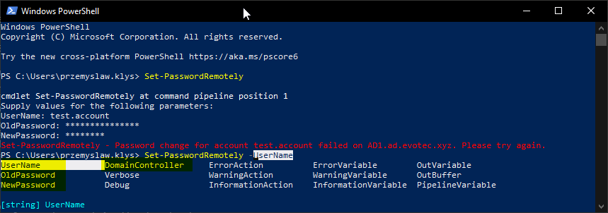 Sekwencja pytan w PowerShell z narzedzia zmieniajacego wygasle haslo Active Directory