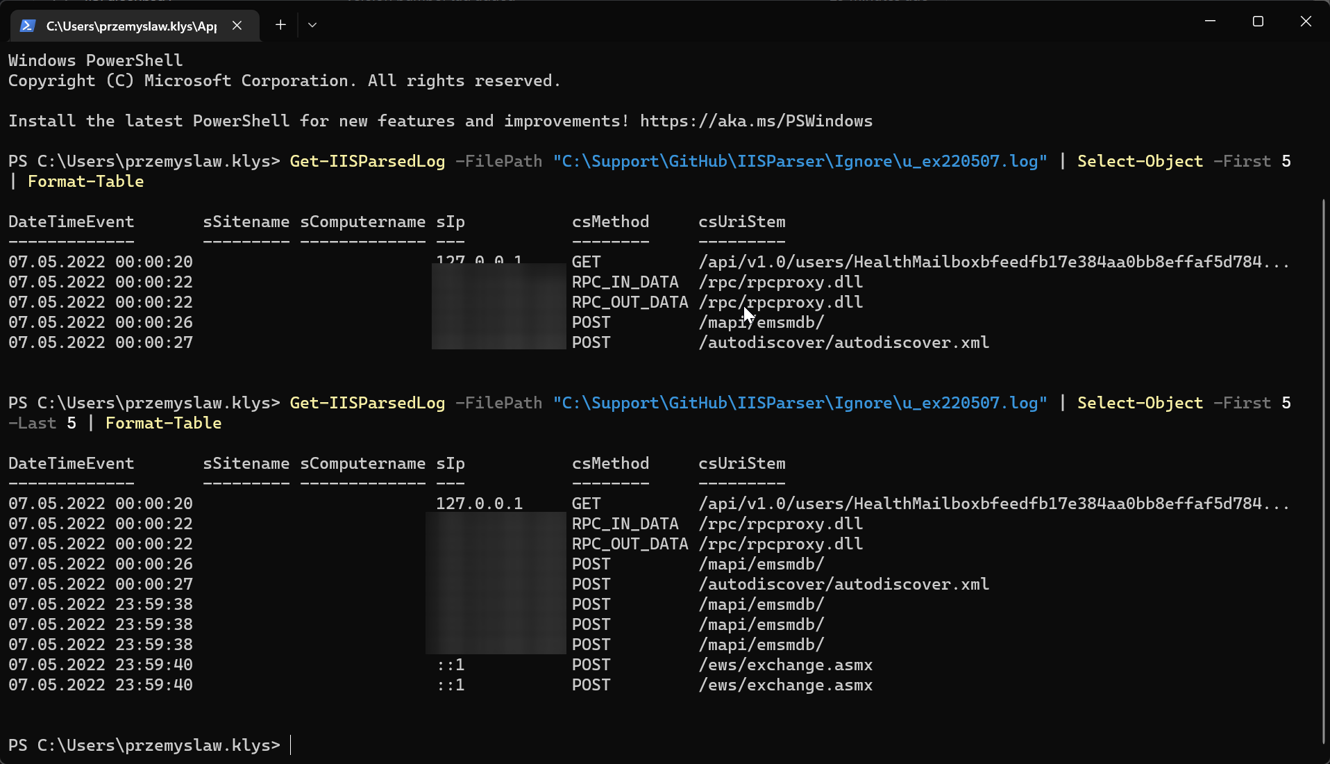 IIS Logs Parser in PowerShell